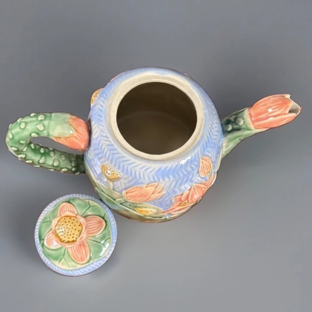 Henriksen Imports Lotus Flower Ceramic Teapot Pink Blue Majolica Style Floral